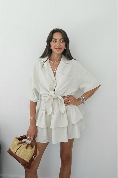Havoş Natural Tie Front Shirt Skirt Suit