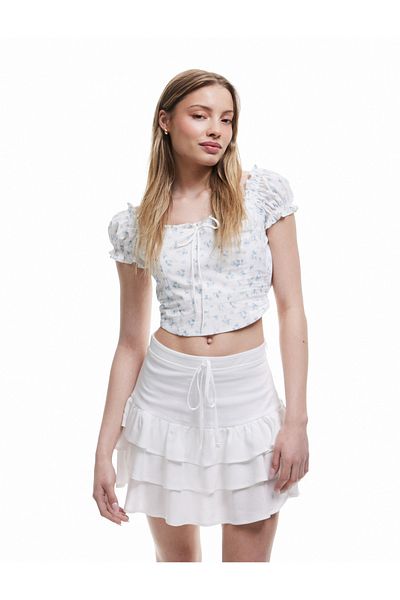 Koton Bluză crop din poplin, cu decolteu barcă, cu detaliu de dantelă, cu fermoar, florală