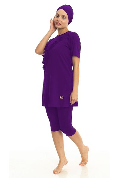 Differend Semi-Covered Short Sleeve Hijab Swimsuit with Ruffle Details