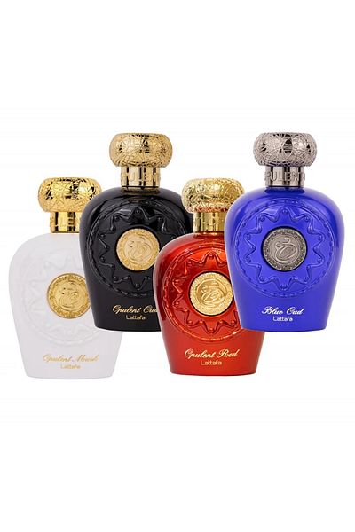 lattafa Pack of 4 perfumes, Opulent Musk 100 ml, Opulent Oud 100 ml, Opulent Red 100 ml and Blue Oud 100 ml