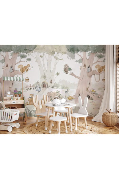Tasarım Sevimli Orman Dostları ve Ağaç Ev Daldaki Baykuş Mutlu Tavşanlar Çocuk Odası Duvar Kağıdı