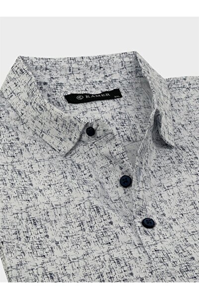 KAMER Plus Size Shirt Collar Short Sleeve Lycra Patterned White T-Shirt 9505B