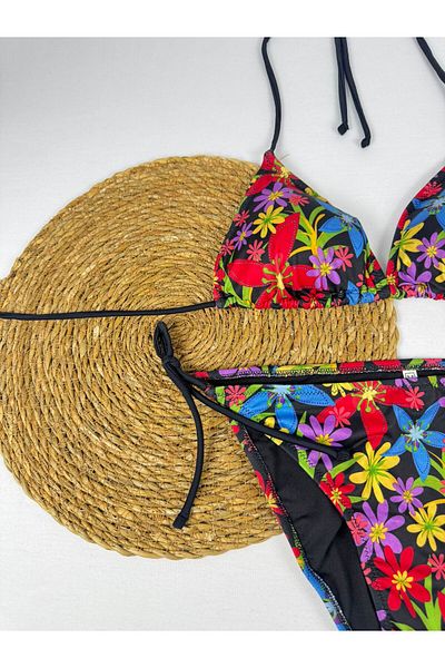 FUNELLA Lycra Black Red Floral Patterned Triangle Stylish Women's Bikini Set