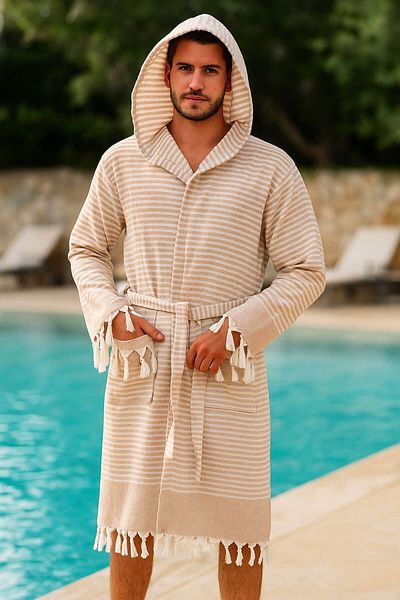 Mira Home Hooded Unisex Peshtemal Beach Bathrobe 100% Cotton Seaside Stripe