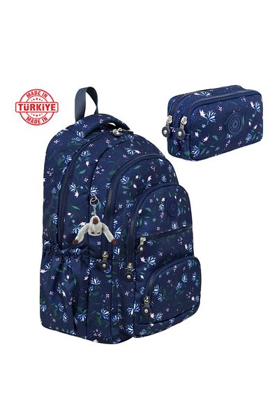 Alanç Gift Luxury Patterned High School and Middle School Backpack and Double Compartment Pen Holder + Keychain Gift