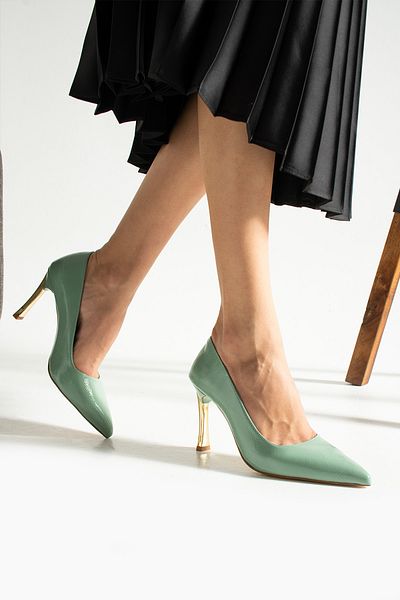 Parparastil Green Patent Leather Stiletto Comfortable Daily and Special Occasion Women's Heeled Shoes