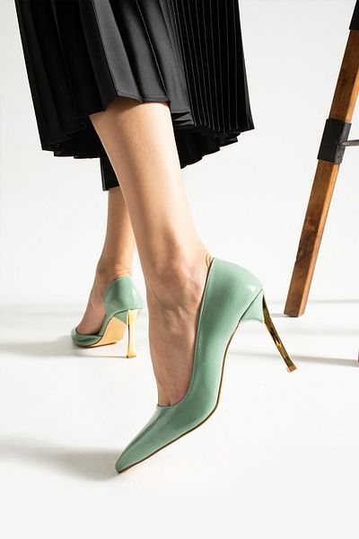 Parparastil Orpny Green Patent Leather Women's Stiletto Gold 9cm Heels Women's Heels Shoes
