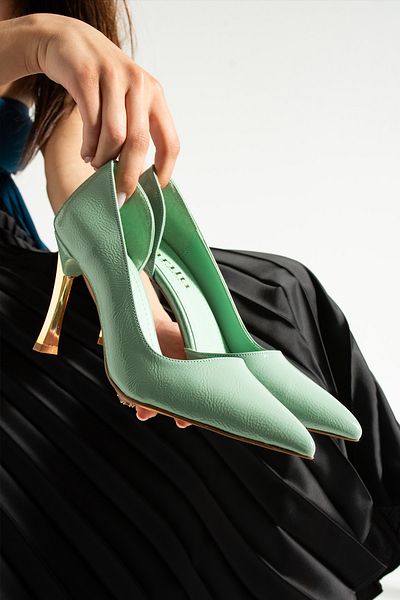 Parparastil Orpny Green Patent Leather Women's Stiletto Gold 9cm Heels Women's Heels Shoes