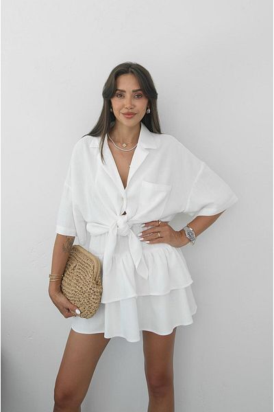 Havoş White Tie Front Shirt Skirt Suit