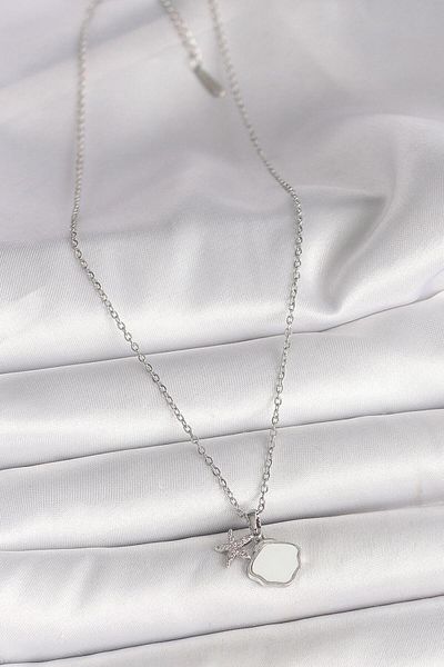 AfraBeauty 316L Steel Silver Chain Dangle White Enamel Seashell Zircon Stone Sea Star Figure Necklace