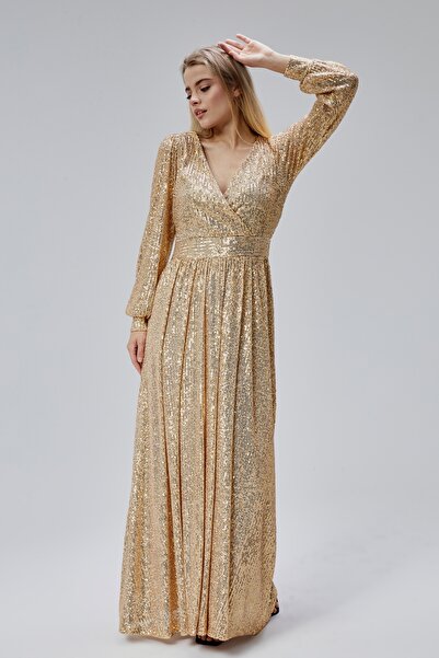 HELVEYS Payet Kumaşlı Kruvaze Yaka Uzun Kollu İç Astarlı Uzun Abiye Elbise HV06063124