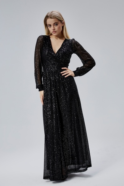 HELVEYS فستان سهرة طويل بياقة مزدوجة وأكمام طويلة مع بطانة داخلية من قماش الت...