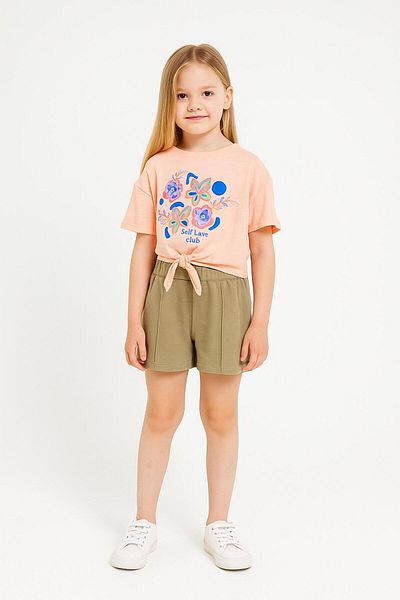 Çikoby Girl's Printed Tie-Up T-Shirt Elastic Waist Shorts Set