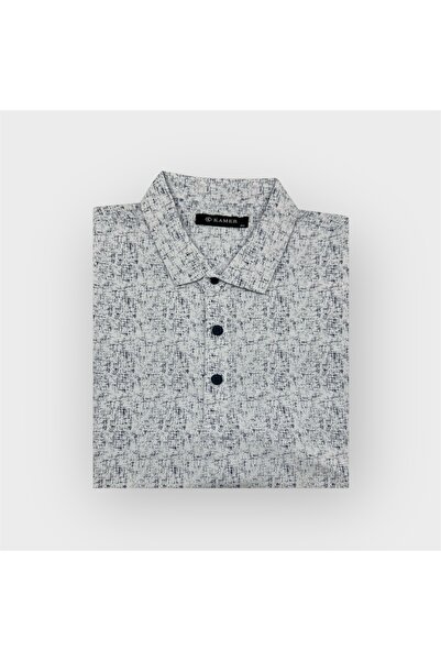 KAMER Plus Size Shirt Collar Short Sleeve Lycra Patterned White T-Shirt 9505B