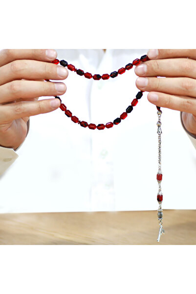 Tesbihane Non-Tarnish Metal Albanian Tassel Tip Capsule Cut Red Black Fire Amber Prayer Beads