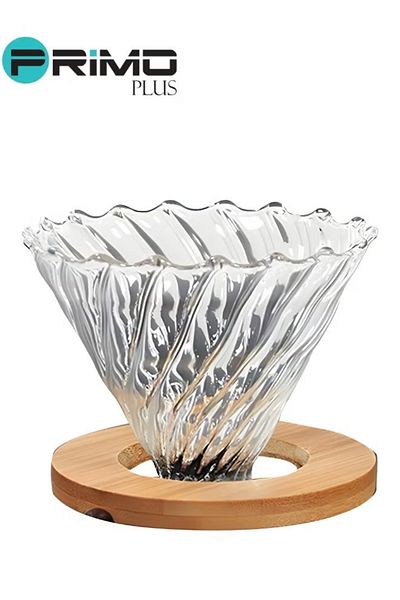 Primo Plus V60 Glass Coffee Dripper With Wooden Base Clear