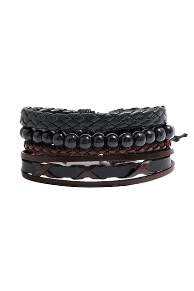 Tessero Set de patru brățări lucrate manual din piele, mărime reglabilă, negru