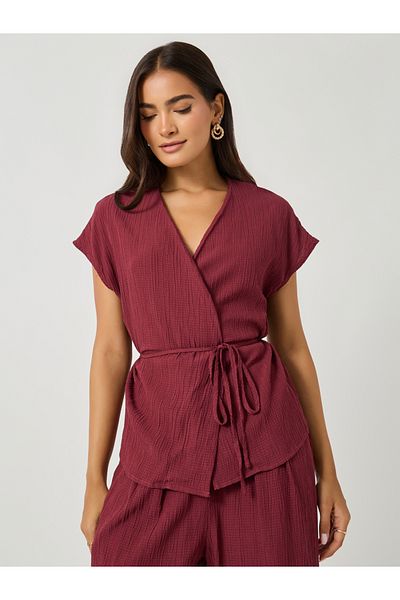 Styli Textured Wrap Tie-Up Top and Pants Co-Ords