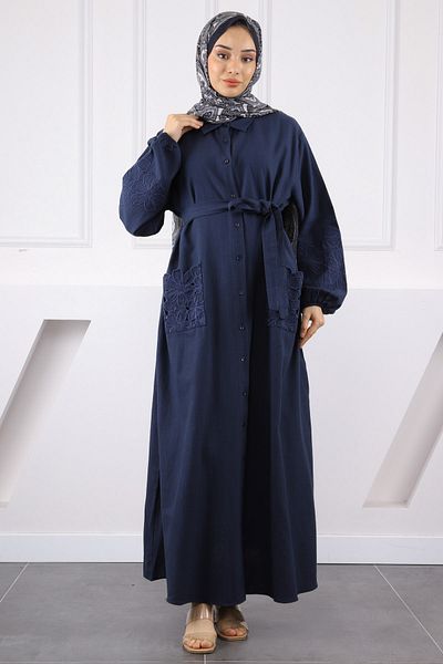İmajButik Φόρεμα με κέντημα λουλουδιών με τσέπες σε μπλε ναυτικό