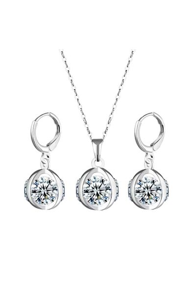 Tessero - Chain set with rain drop pendant and earrings, spherical model, zirconia stones, gold plated