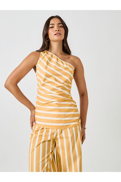 Styli Striped One Shoulder Neck Top and Wide Leg Pants Co-Ords