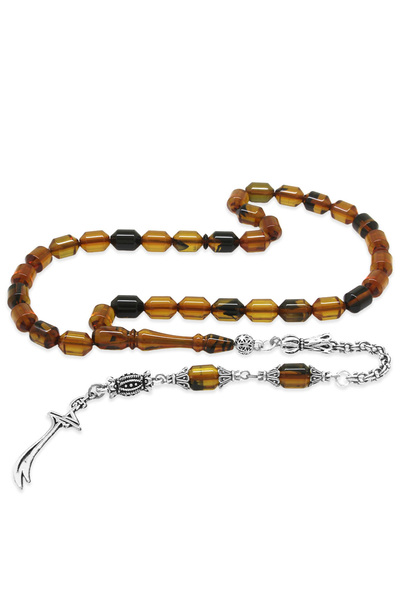 Tesbihane Kararmaz Metal Arnavut Püsküllü Uçlu Kapsül Kesim Sarı Siyah Ateş Kehribar Tesbih