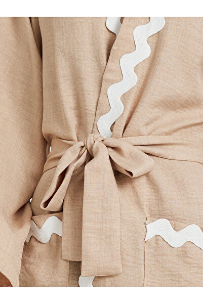 Styli Wave Lace Detail Long Sleeve Robe with Tie Belt