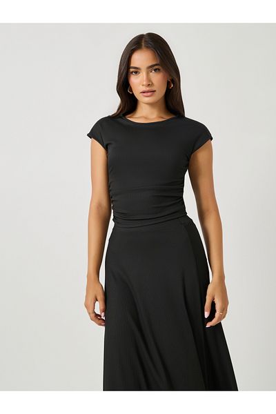 Styli Ribbed Short Sleeve Fitted Top and A-Line Skirt Co-Ords