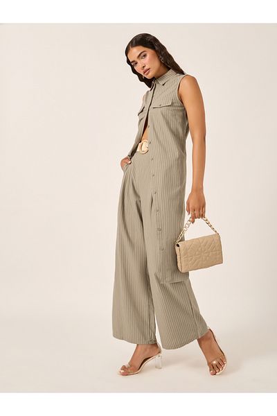 Styli Stiped Sleeveless Button-Down Tunic and Wide Leg Pants Co-Ords