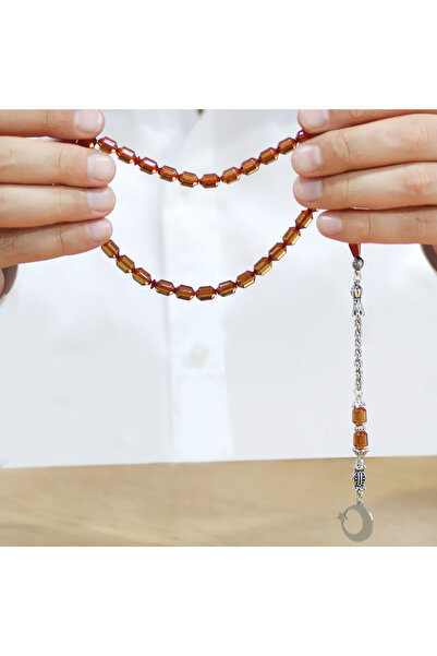 Tesbihane سبحة من العنبر الأصفر الشفاف مع شرابة معدنية غير قابلة للتلطيخ ورأس كبسولة مكتوب عليها اسم Ayyıldız