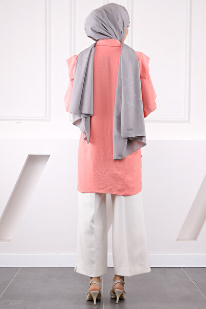 İmajButik Ροζ μπροστινό λεπτομερές μανίκι δεμένο τουνίκ