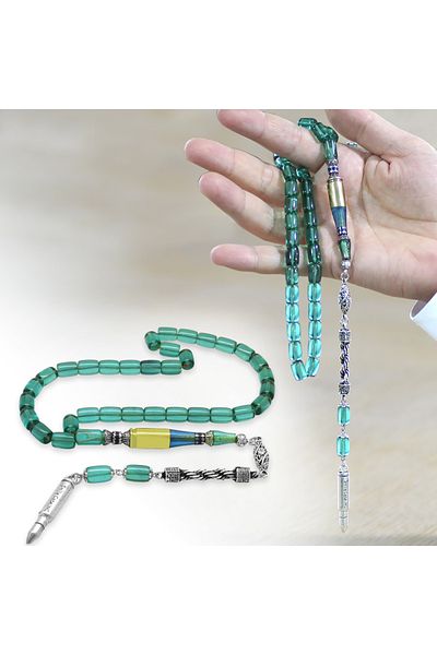 Tesbihane عقد تسبيح معدني مضاد للتلطيخ مع شرابة من نوع Nakkaş Imameli Capsule Cut Water Green Fire Amber