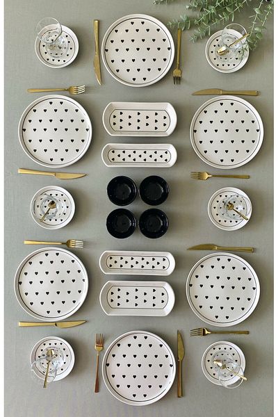 VENÜS HOME DECORATION Love Pattern Black 20 Piece Breakfast Set for 6 People (with Sauce Bowl)