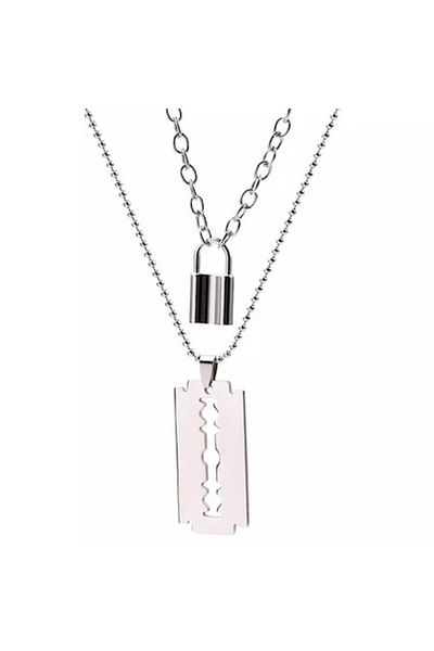 Tessero Set of two Punk chains with razor blade and padlock pendants, silver plated,