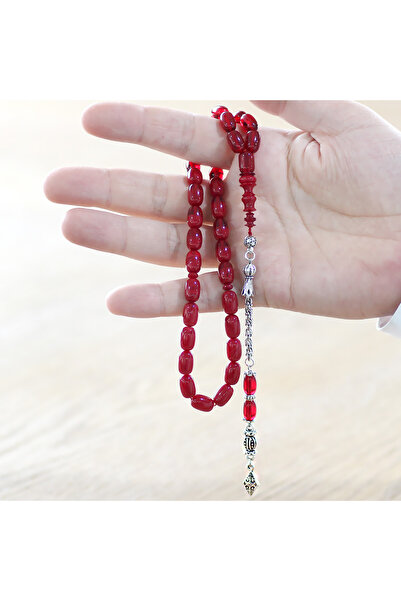 Tesbihane Tarnish-Free Metal Albanian Tassel Imamesi Craftsmanship Special Cut Moire Red Fire Amber Prayer Beads