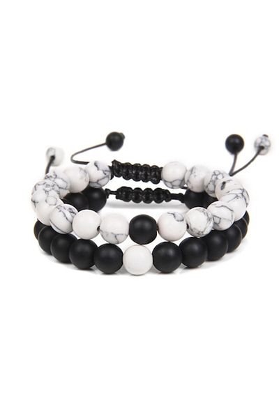 Tessero Set de două brățări cu pietre, onix mat, ajustabile cu șnur, unisex, alb-negru