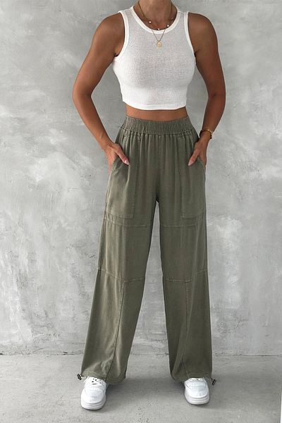 İstangül Butik Urban Ease High Waist Washed Leg Adjustable Jogger Linen Trousers