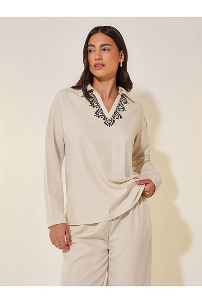 Styli Embroidered Detail Collared Top and Pants Co-Ords