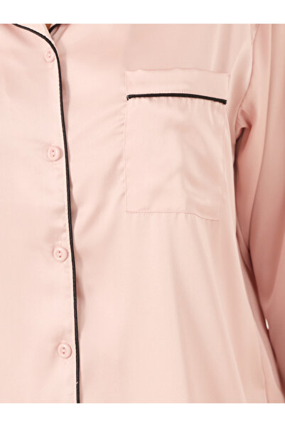 Styli Piped Detail Matte Satin Long Sleeve Pocket Shirt and Pyjama Set