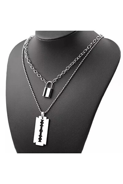 Tessero Set de două lanțisoare Punk cu pandantive în formă de lamă de ras și lacăt, placat cu argint,