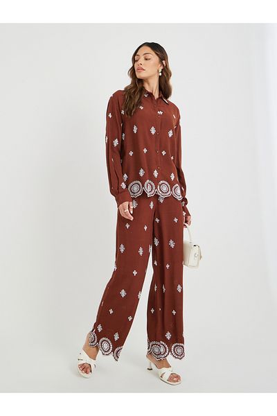 Styli Schiffli Long Sleeve Shirt and Wide Leg Pants Co-Ords