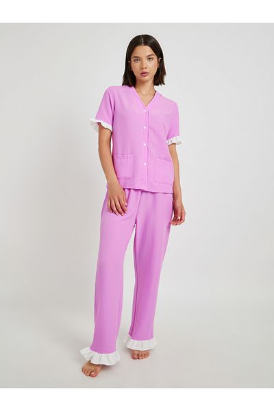 Styli Contrast Flounce Detail Short Sleeve Shirt and Pyjama Set
