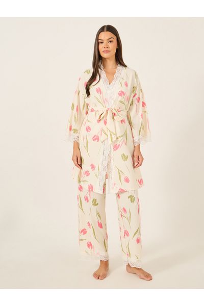Styli Lace Trim Floral Print Cami and Pyjama with Robe Set