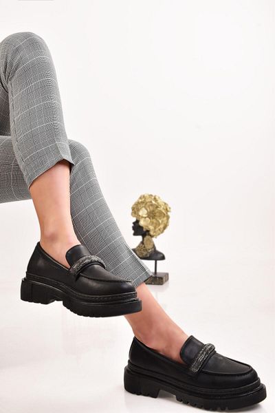 Peta Women's Laofer Black Skin Stone Detailed Casual Shoes