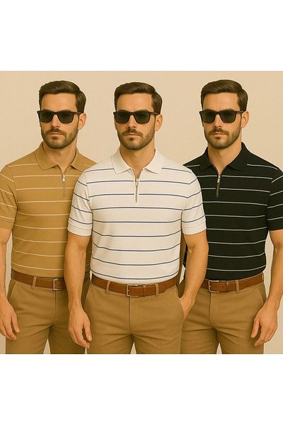 LC Waikiki Half Zipper Knitwear Horizontal Line Pattern Men's Polo Neck T-Shirt 3 Pack