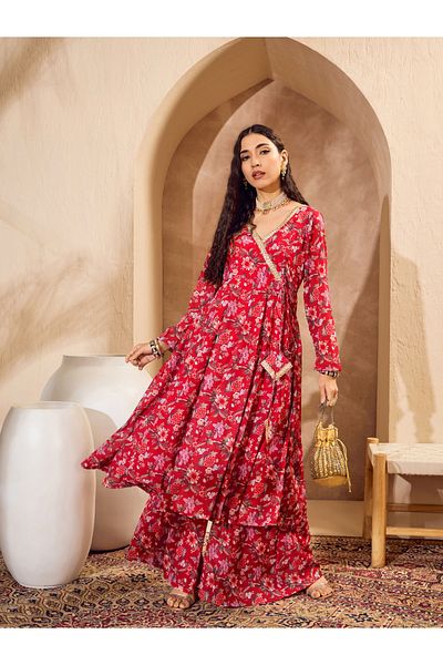Sassafras By Styli Floral Print Wrap Anarkali Kurta with Palazzos Set
