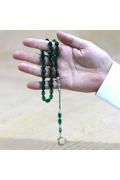 Tesbihane سبحة من العنبر الأخضر النار مع شرابة معدنية غير قابلة للتلطيخ ورأس على شكل كبسولة مع اسم مكتوب ولوحة على شكل نجمة وقمر