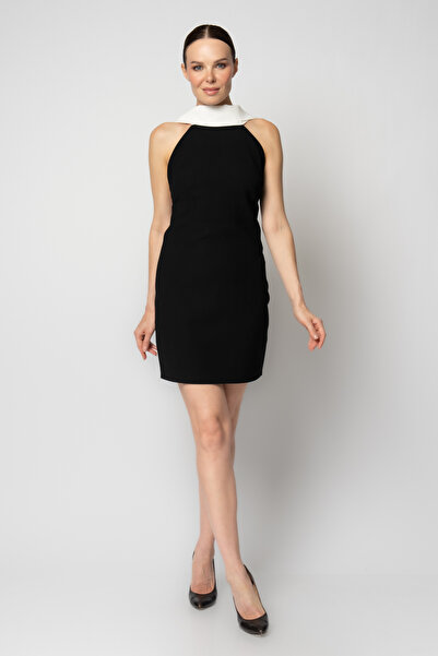 RENGIN Şal yaka çift renkli krep abiye elbise