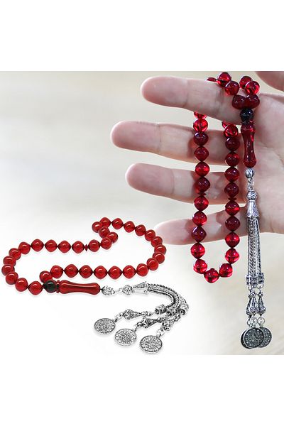 Tesbihane سبحة معدنية غير قابلة للتلطيخ مزينة بشراشيب من قطع إسطنبول باللون الأحمر الناري والعنبر