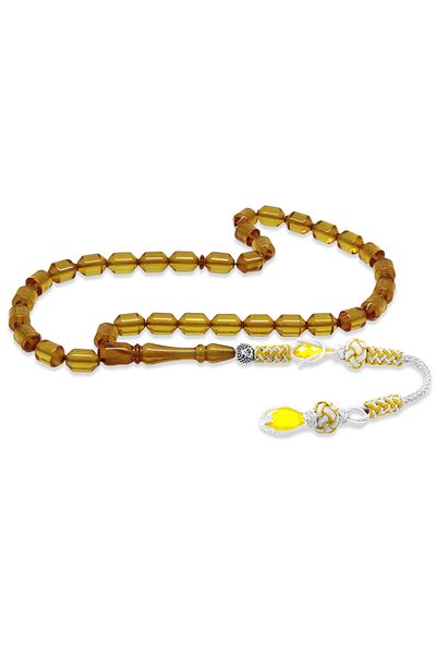 Tesbihane Copper Kazaz Tasseled Tip Capsule Cut Yellow Fire Amber Prayer Beads